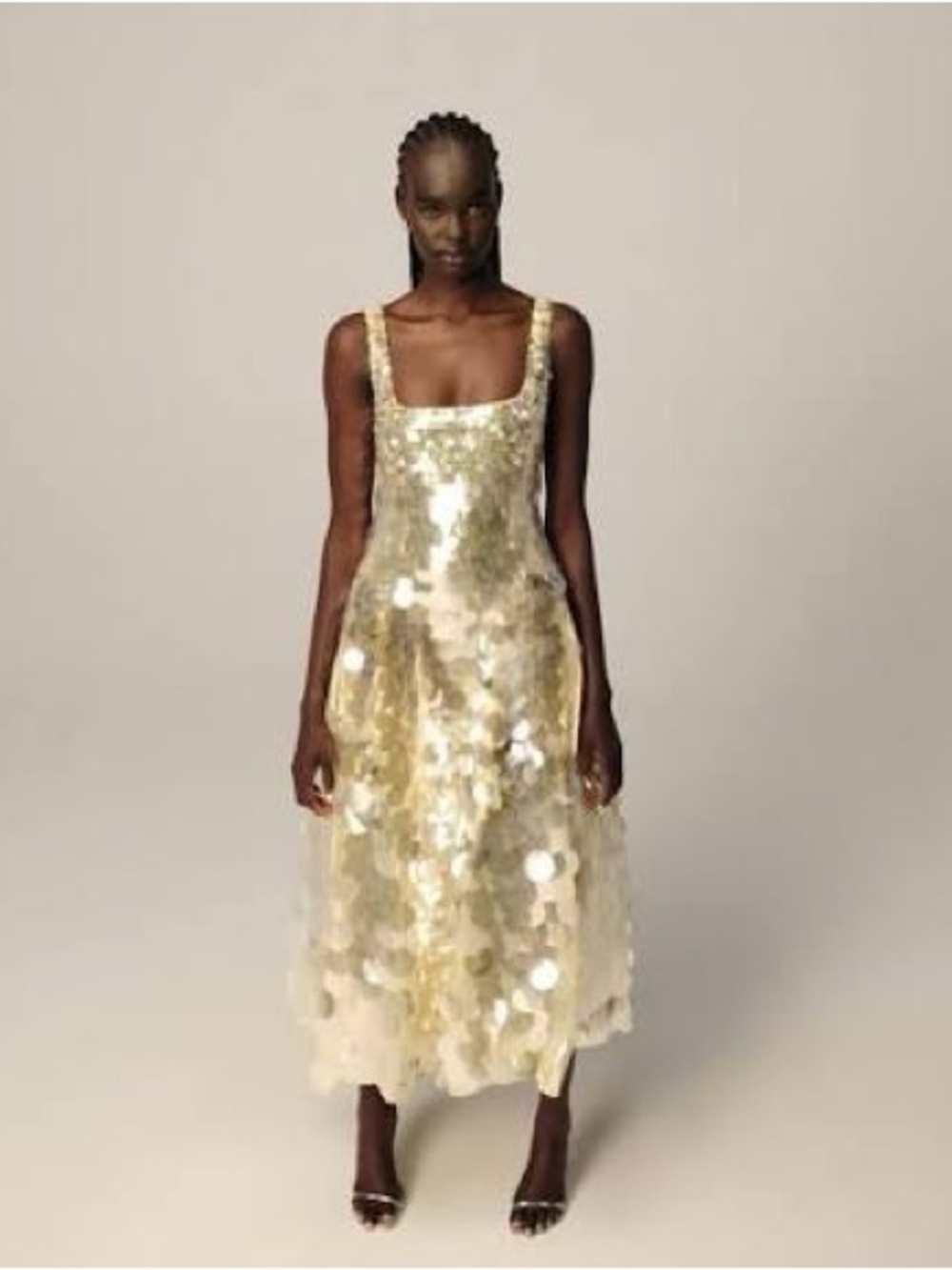 ASOS ARRANGE embellished disc sequin square neck midi dress in lemon - US8